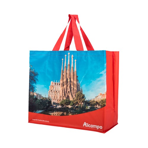 Bolsa grande de rafia reutilizable con diseño de la Sagrada Familia, Barcelona, ALCAMPO.
