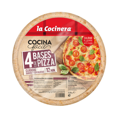 LA COCINERA Bases clásicas para pizzas suaves y esponjosas 4 x 130 g.
