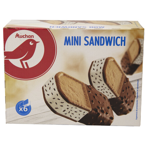 AUCHAN Mini sándwich de nata con trocitos de chocolate negro, galletas y recubrimiento de cacao 6 x 85 ml. Producto Alcampo