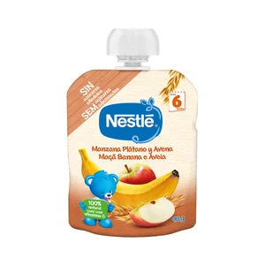 NESTLÉ Bolsita de fruta (manzana, plátano) con avena, para bebés a partir de 6 meses NESTLÉ 90 g.