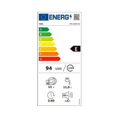 Lavavajillas TEKA DFS26650SS inox, capacidad: 13 servicios, clasificación energética: E, H: 84,5cm, A: 59,8cm, F: 60cm.
