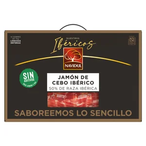 NAVIDUL Maletín con 10 sobres de 70 g. de jamón de cebo ibérico (50% raza ibérica), cortado en lonchas.