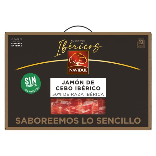 NAVIDUL Maletín con 10 sobres de 70 g. de jamón de cebo ibérico (50% raza ibérica), cortado en lonchas.