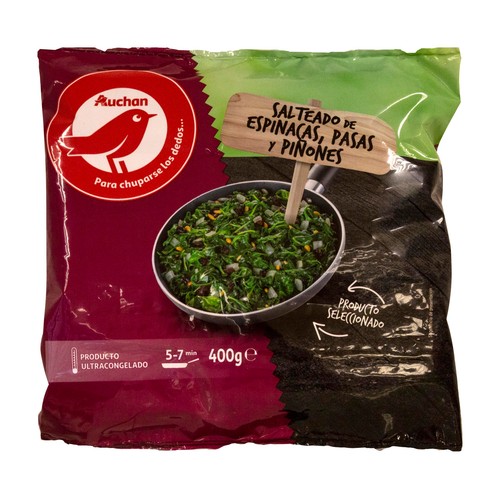 AUCHAN Salteado de espinacas, pasas y piñones 400 g. Producto Alcampo
