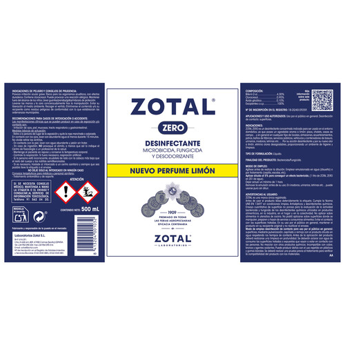 ZOTAL Desinfectante microbicida, fungicida y desodorante, perfume limón ZOTAL ZERO 500 ml.