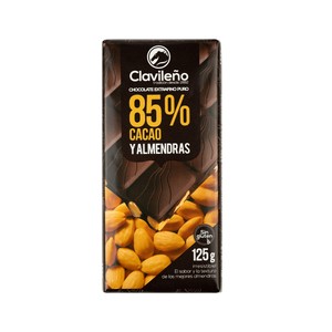 Chocolate extrafino puro, 85 % cacao y alñmendras clavileño 125 g.