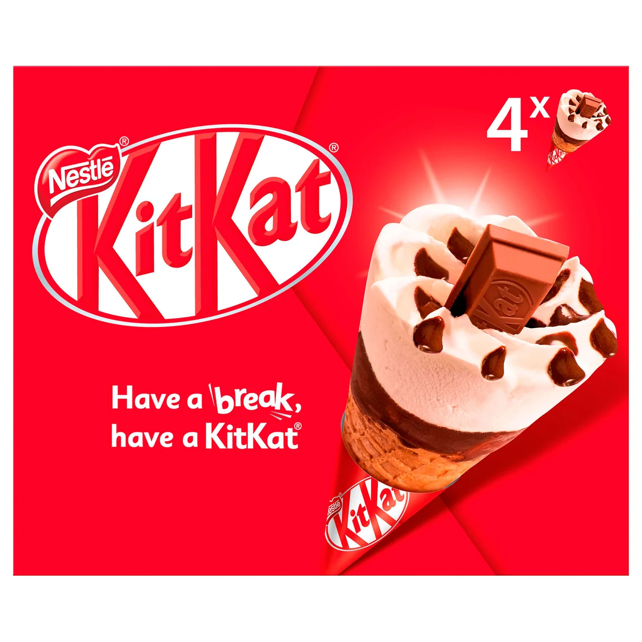 Cono de helado de vainilla, chocolate y un barrita de Kit kat en el centro 4 x 100 ml.