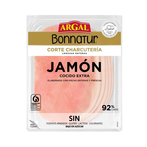 Jamón cocido exta, cortado en lonchas BONNATUR de Argal 140 g.