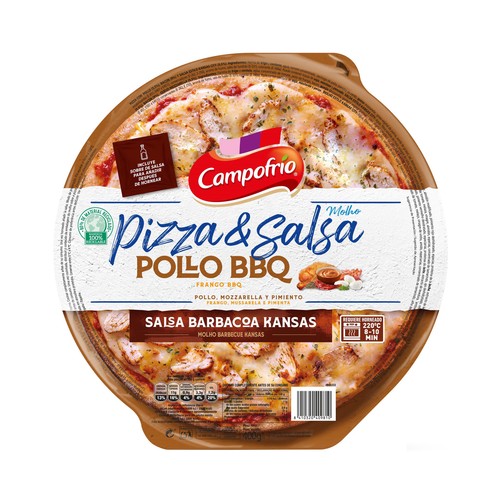 CAMPOFRÍO Pizza & salsa Pizza de pollo, mozzatella y pimiento con salsa barbacoa kansas 400 g.