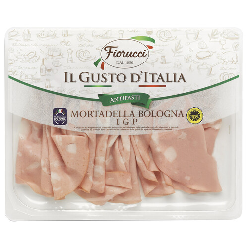 FIORUCCI Mortadela italiana con IGP Morteadella de Bologna, cortada en finas lonchas FIORUCCI 100 g.