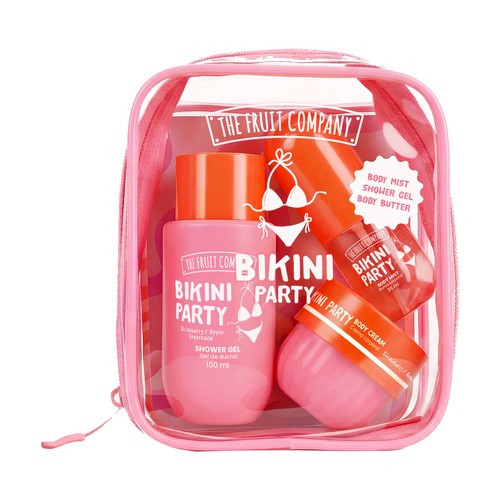 THE FRUIT COMPANY Bikini party Neceser con gel de ducha (100ml), crema corporal y bruma corporal (35ml) aroma a fresa, manzana y caña de azúcar.