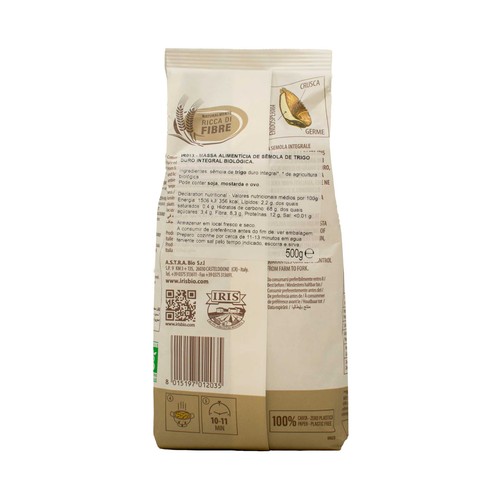 IRIS Macarrones (Penne) nº 103 de trigo integral ecológico, categoria bronce 500 g.