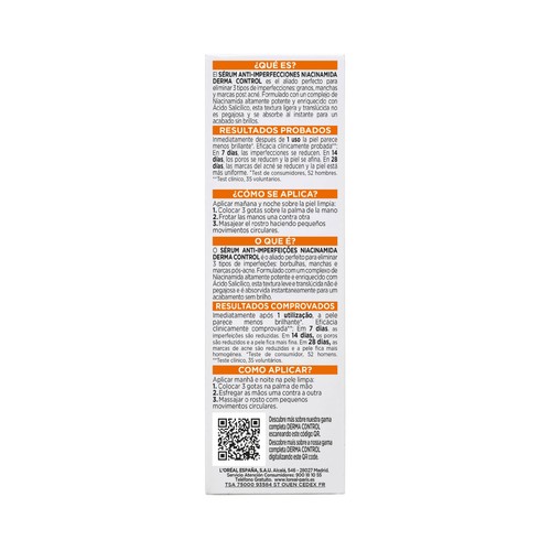 L´ORÉAL PARIS Men expert derma control Sérum eliminador de manchas y marcas post acné 30 ml.