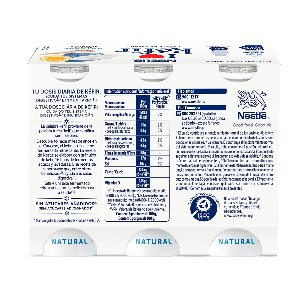 Kefir líquido natural, elaborado con fermentos lácteos y levaduras de 6 x 100 g.