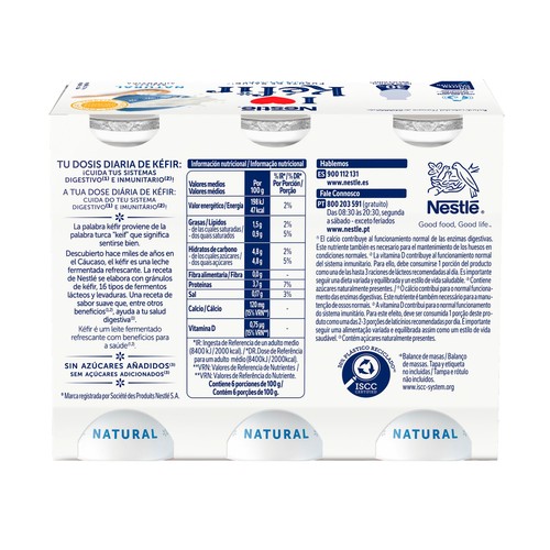 NESTLÉ Kefir líquido natural, elaborado con fermentos lácteos y levaduras de 6 x 100 g.