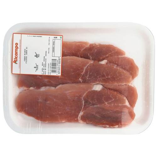 Filetes de jamón de cerdo ideales para freír, bandeja.