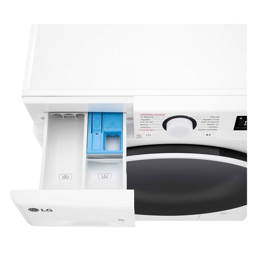 Lavadora LG F2WR5S09A0W 9KG, clasificación energética: A, 1200RPM,H: 85cm, A: 60cm, F: 47,5cm.