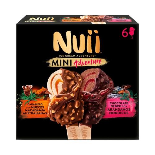 NUII Mini helados de caramelo con nueces Macadamia (3) y de arándanos nórdicos (3), recubiertos de chocolate 6 x 55 ml.