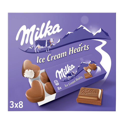 MILKA Corazones de chocolate Milka rellenos de helado de nata MILKA 8 x 3 ml.