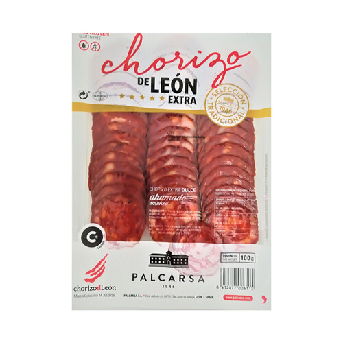 PALCARSA Chorizo de León extra, ahumado y dulce, cortado en lonchas PALCARSA 100 g.