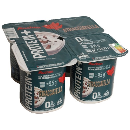 AUCHAN Leche fermentada proteico con trocitos de stracciatella y 0% materia grasa 4 x 125 g Producto Alcampo.