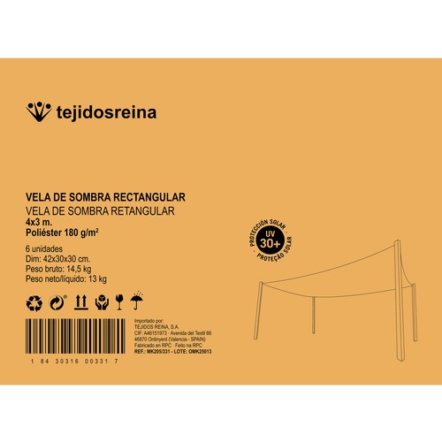 Vela sombra rectangular de poliéster 4x3 metros color beige, TEJIDOS REINA.