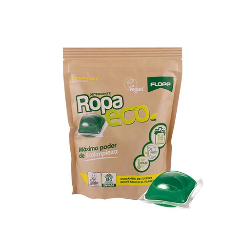 Detergente ecológico líquido, en cápsulas para el lavado de todo tipo de ropa. FLOPP 16 uds. 315,2 g.