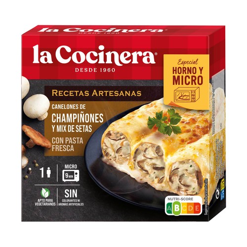 LA COCINERA Canelones de pasta fresca, rellenos de champiñones y mix de setas, especiales para horno y microondas Recetas artesanas 280 g.