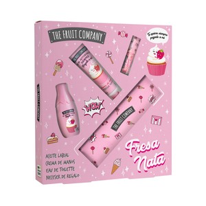 THE FRUIT COMPANY Neceser para mujer con colonia, aceite labial y crema de manos, con aroma a fresa y nata.