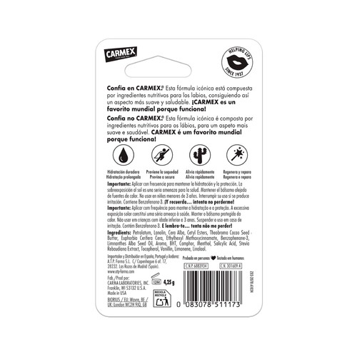 CARMEX Bálsamo labial hidratante y reparador con FPS 15.