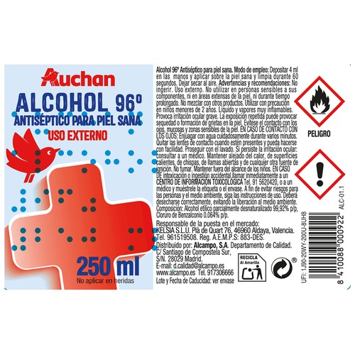 PRODUCTO ALCAMPO Alcohol 96º (antiséptico para piel sana)  250 ml.