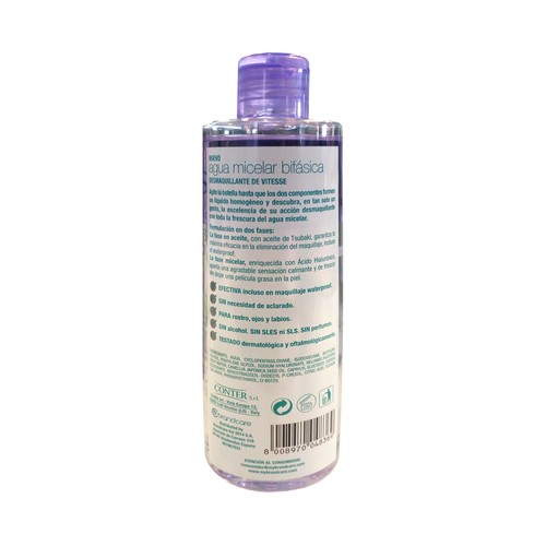 Agua micelar bifásica, sin perfumes y para todo tipo de pieles VITESSE 250 ml.