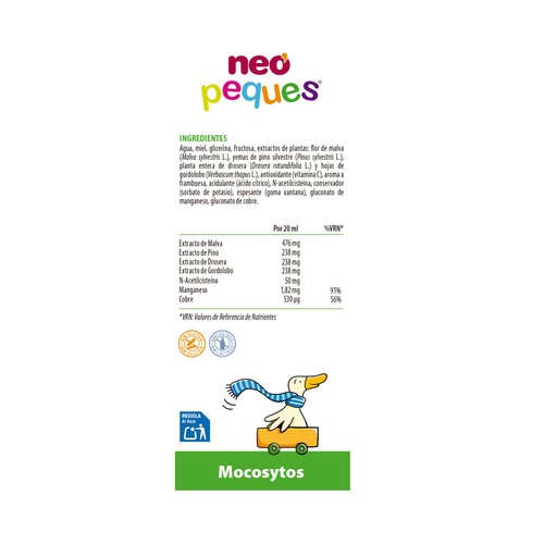 NEO PEQUES Mocosytos Complemento alimenticio sabor frambuesa, para aliviar los mocos y la tos 150 ml.