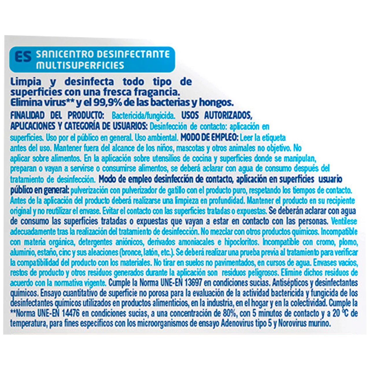 Limpiador multisuperficies desinfectante sin lejia, con aroma a aire fresco 750 ml.