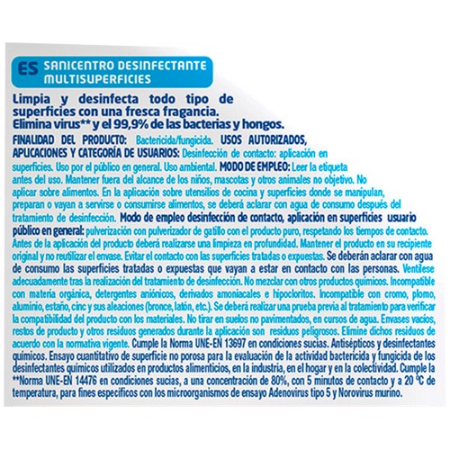 SANICENTRO Limpiador multisuperficies desinfectante sin lejia, con aroma a aire fresco 750 ml.