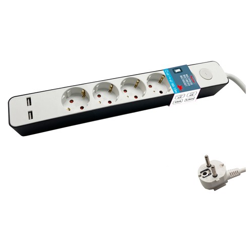 Ladrón base de 5 tomas con 2 entradas USB, 1,5 m, 16 amperes, ALCAMPO.