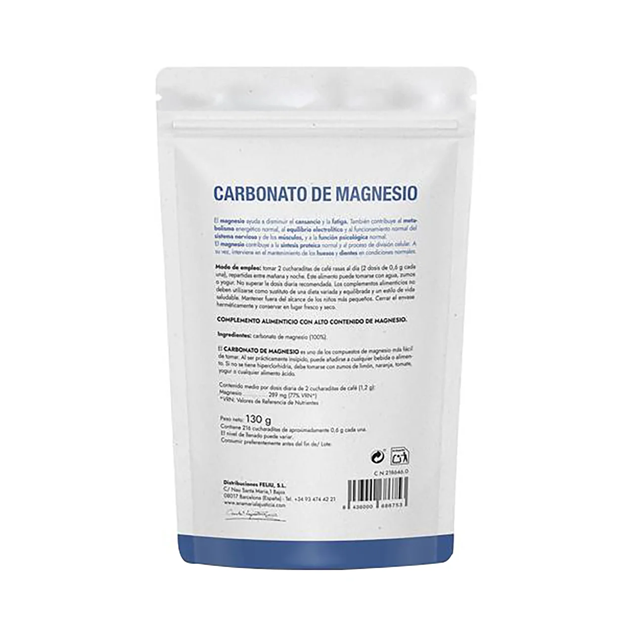Carbonato de Magnesio en polvo, sin gluten y apto para veganos 130 g.