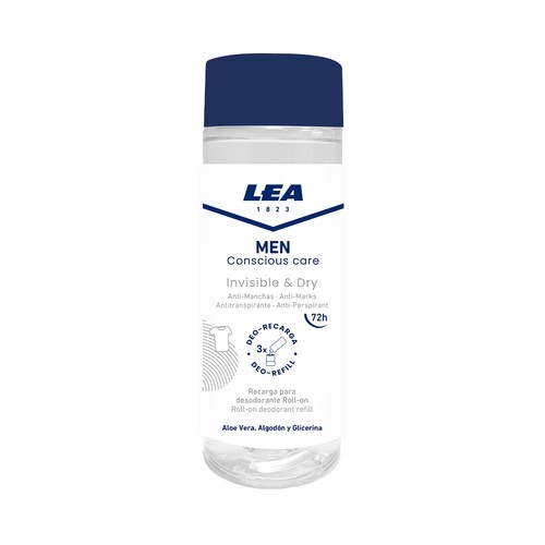 LEA Men Recarga desodorante roll on para hombre, anti-manchas y antitranspirante hasta 72 horas 150 ml.