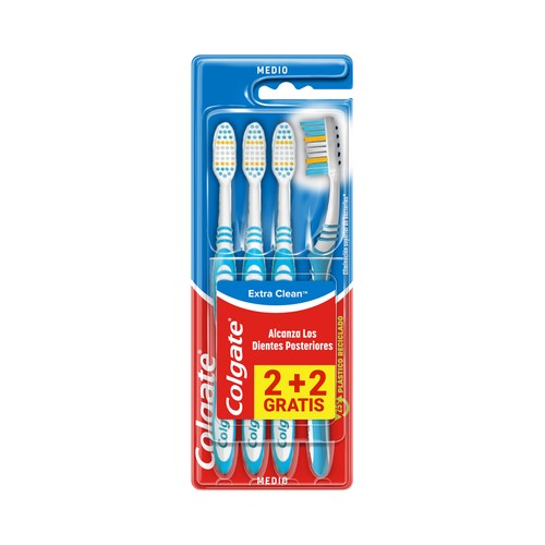 COLGATE Extra clean Cepillo de dientes medio, que ayuda a eliminar las bacterias bucales 4 uds.