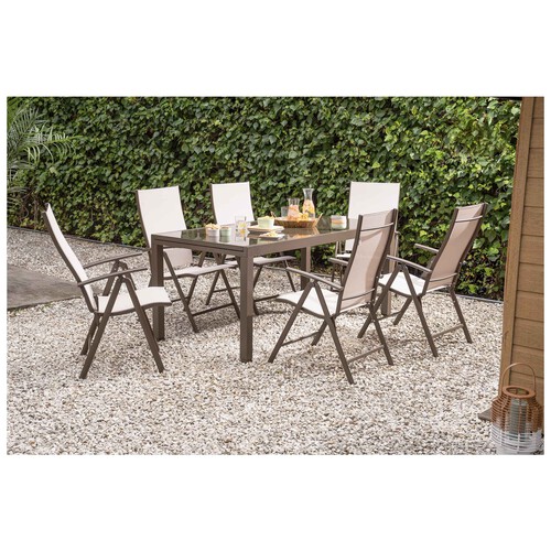 Conjunto 7 piezas con mesa y 6 sillas fabricadas en aluminio y textileno color beige, Denia KACTUS REPUBLIC.