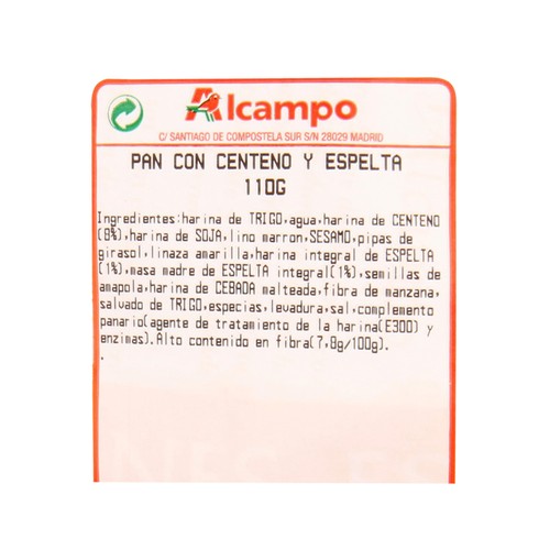 Pan con centeno (16%) y trigo espelta (3%) 110g.