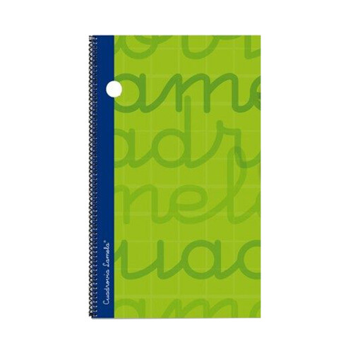 Cuaderno de espiral tamaño cuarto con 80 hojas de cuadrovía 2.5mm. Cubierta extra dura color verde. EDITORIAL LAMELA.