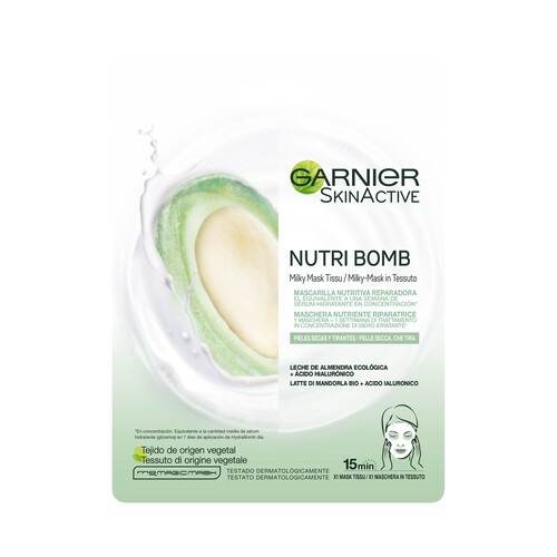 GARNIER Mascarilla de tela Hydra Bomb, nutritiva y reparadora, con leche de almendras bio y ácido hialurónico GARNIER Skin active.
