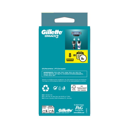 GILLETTE Mach 3 Recambio para maquinillas de afeitar para hombre 8 uds.