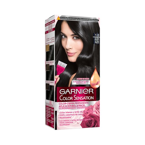 GARNIER Color sensation Coloración permanente e intensa reutilizable con bol y pincel, tono 1.0 Ultra negro.