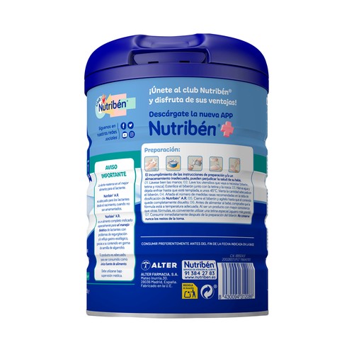NUTRIBÉN Leche (1) de inicio anti-regurgitación, para lactantes a partir del primer día NUTRIBÉN A.R. 800 g.