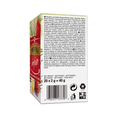 TWININGS Infusión de rooibos con aroma de fresa y vainilla 20 uds de 2 g.
