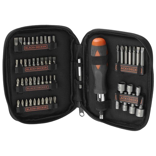Set para atornillar con 56 piezas, destornillador carraca, BLACK + DECKER A7104.