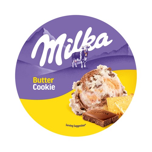 MILKA Tarrina de helado de vainilla con galletas de mantequilla y trozos de chocolate 425 ml.