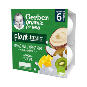 GERBER Postre 100% vegetal infantil con bebida de coco, mango y kiwi ecológicos, a partir de 6 meses GERBER Organic 4 x 90 g.